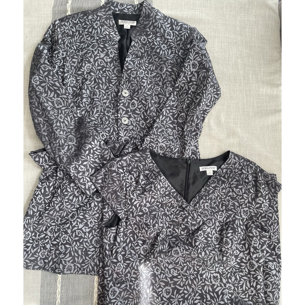 Pendleton Dress Jacket Set Women 14P Grey Floral Jacquard Excellent Belted 2pc